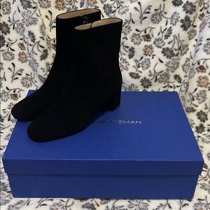 Stuart Weitzman Black Suede Mid-Heel Ankle Boots